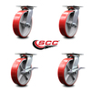 Service Caster 8 Inch Red Poly on Cast Iron Swivel Caster Set with Roller Bearings 2 Brakes SCC-35S820-PUR-RS-2-SLB-2